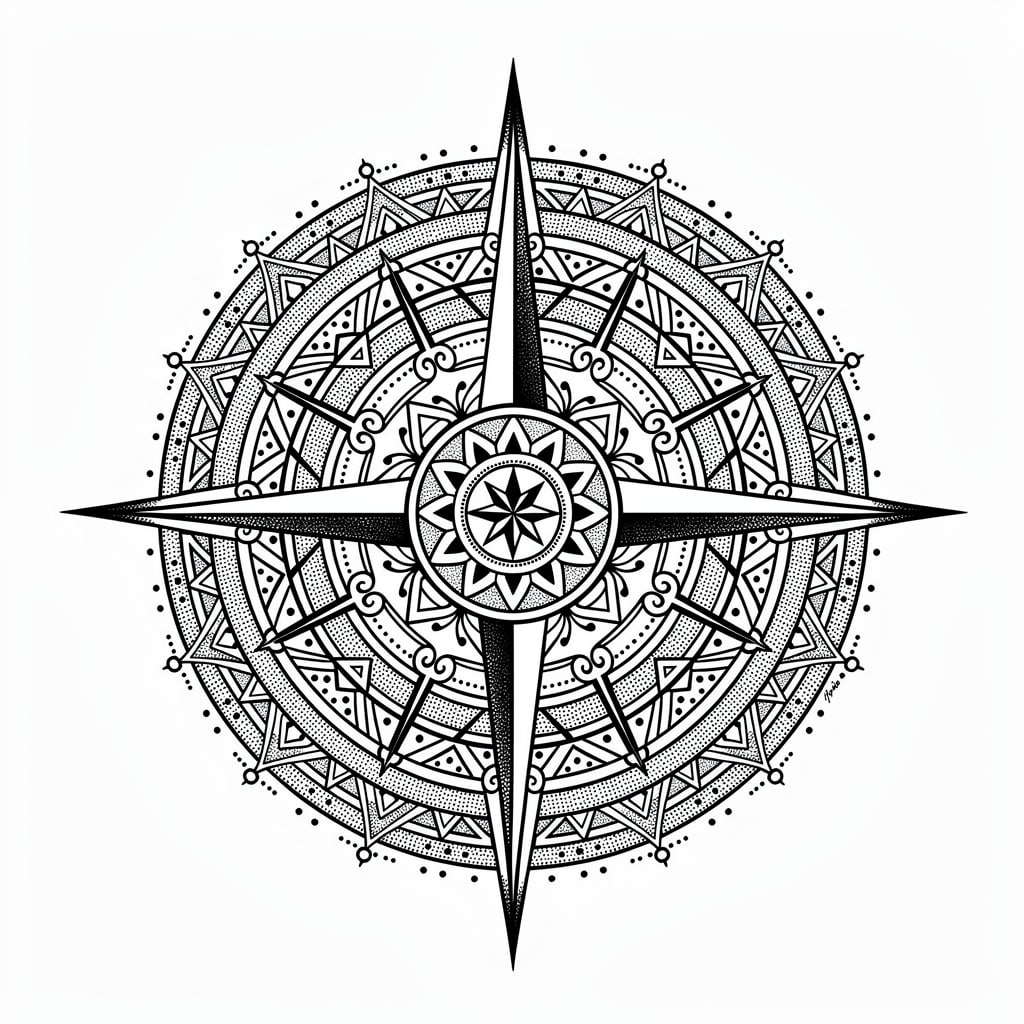 Geometric tattoo design of a compass rose
