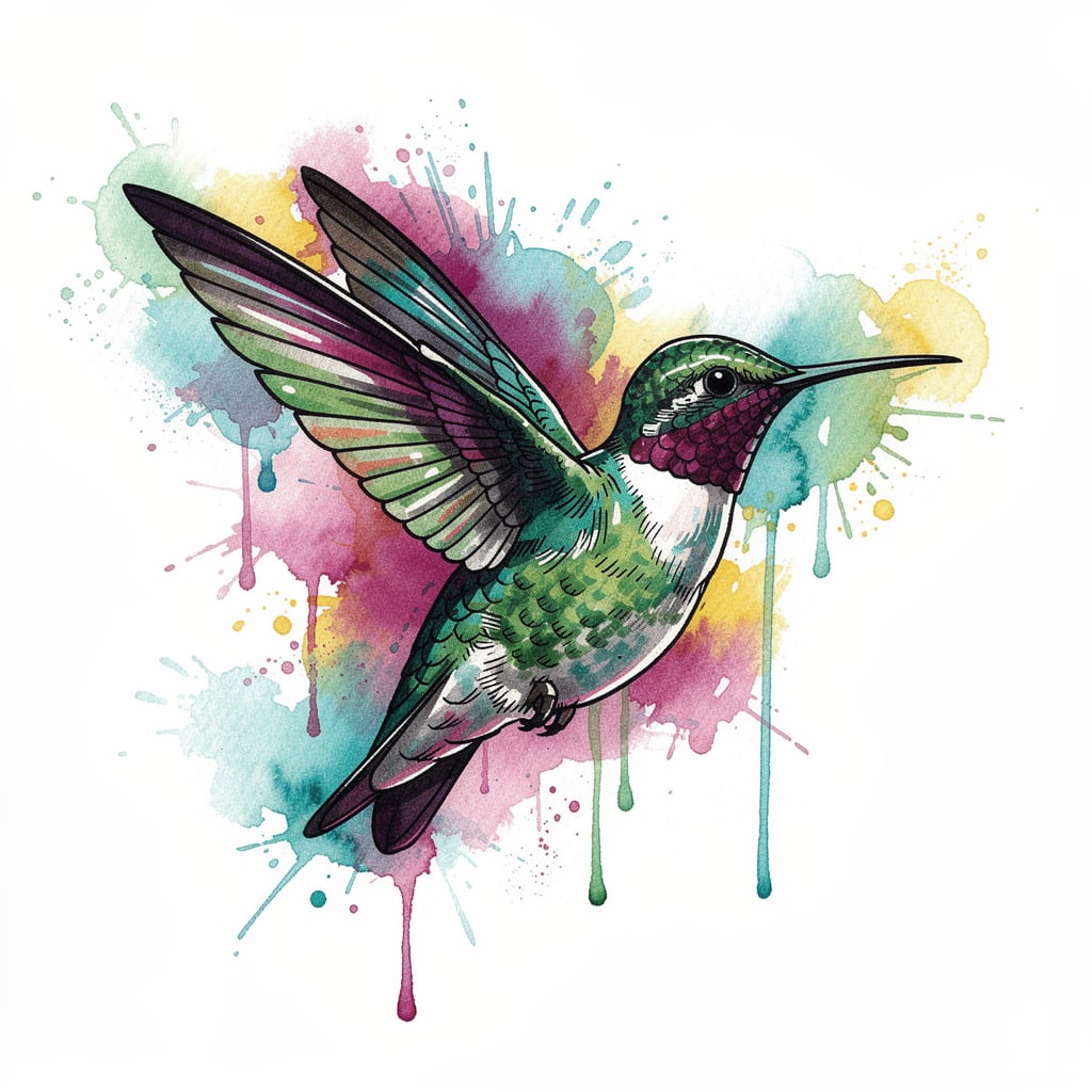 Watercolor tattoo design of a hummingbird