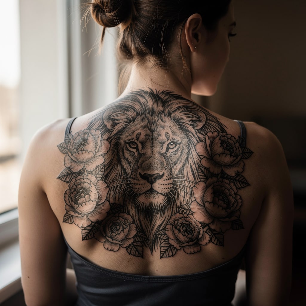 A finished blackwork lion tattoo rendered on a woman's back